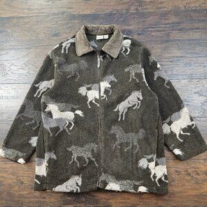 Vintage Y2K Woolrich Brown Sherpa Horse Pattern Jacket w/ Suede Collar Sz Large